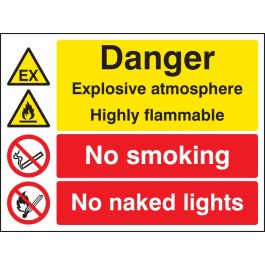 Danger Explosive Atmosphere Highly Flammable No Smoking Naked Lights