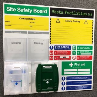 Site Safety Board with AED Notice & Detailed Emergency Contacts